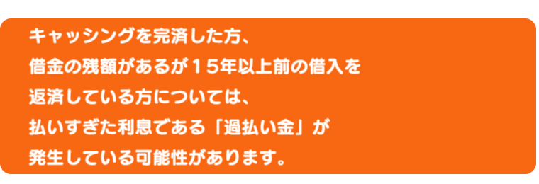 既に消費者金融業者に支払いを終えている方、 　借金の残額があるが５年以上支払いを続けている方について、 　払いすぎた利息である「過払い金」が発生している可能性があります。