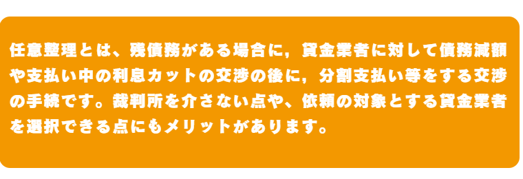 任意整理とは、債務がある場合に，貸金業者に対して分割で支払っていく合意をすることです